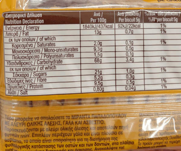 Miranda Biscuits Wholegrain 270g Papadopoulou nutritional value Agora Greek Delicacies